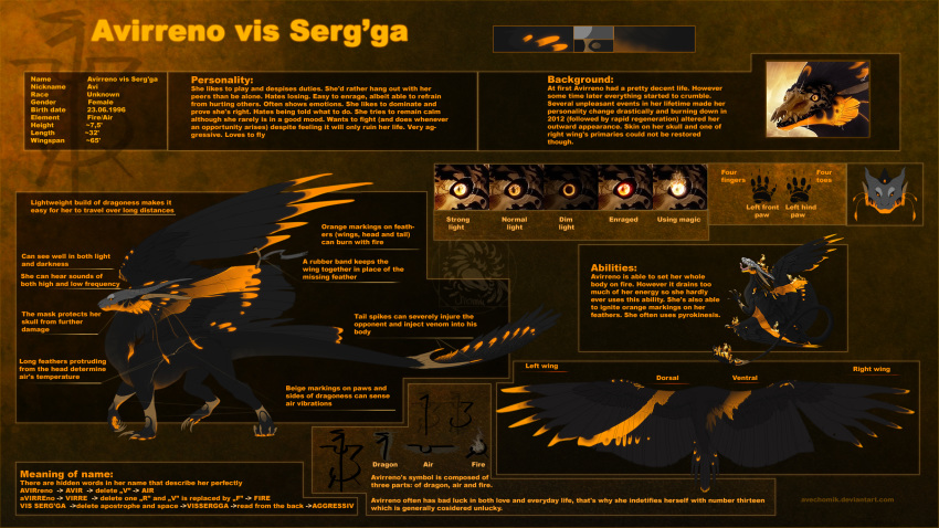 2013 averrisvis black_feathers digital_media_(artwork) dragon english_text feathered_dragon feathers feral horn model_sheet solo standing text yellow_eyes