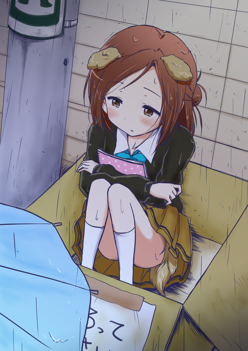 1girl absurdres animal_ears beige_skirt blush box brown_eyes brown_hair cardboard_box cold collared_shirt commentary_request crossed_arms dog_ears dog_girl dog_tail dot_nose dress_shirt ears_down empty_eyes fujimiya_kaori half-closed_eyes highres in_box in_container isshuukan_friends kneehighs long_sleeves medium_hair messy_hair miniskirt out_of_frame outdoors parted_lips pleated_skirt rain school_uniform shirt side_bun sign sitting skirt solo_focus tail tape translation_request trembling upskirt wet wet_clothes wet_hair white_legwear white_shirt wing_collar