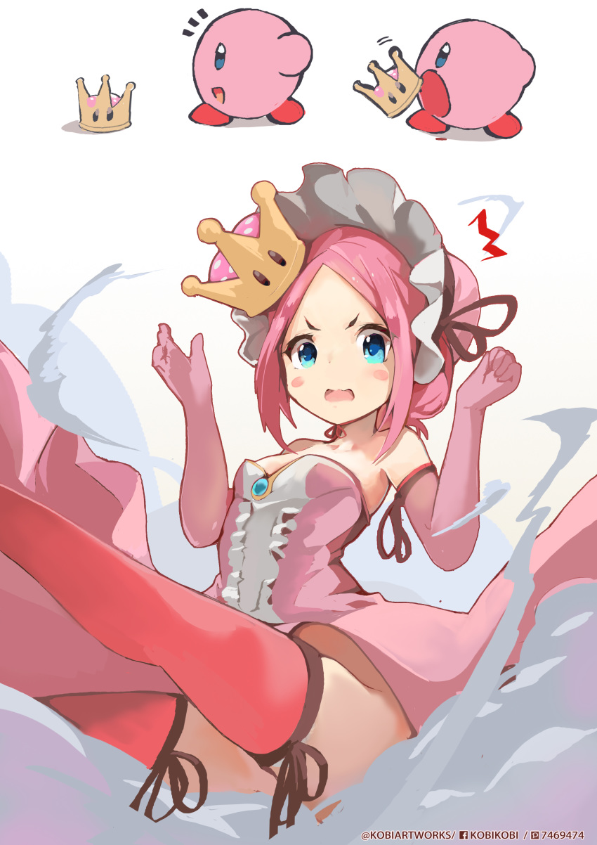 1girl absurdres artist_name bangs bare_shoulders blue_brooch blue_eyes blush_stickers bonnet breasts clenched_hand collarbone crown dress elbow_gloves facebook_username frilled_dress frilled_hat frills gloves hat highres kirby kirby_(series) looking_at_viewer mario_(series) md5_mismatch mini_crown new_super_mario_bros._u_deluxe no_panties open_mouth outstretched_leg parted_bangs personification piliheros2000 pink_dress pink_gloves pink_hair pink_hat pixiv_id ribbon-trimmed_gloves ribbon-trimmed_legwear ribbon_trim sidelocks simple_background small_breasts strapless strapless_dress super_crown surprised thighhighs transformation twitter_username v-shaped_eyebrows w_arms wavy_mouth white_background