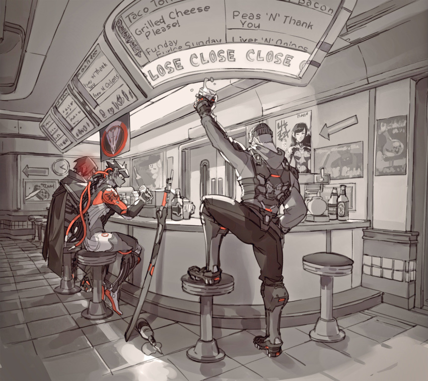 blackwatch_(overwatch) blackwatch_genji blackwatch_mccree blackwatch_reyes bottle brown_hair cape clock commentary cup cyborg d.va_(overwatch) diner genji_(overwatch) hat highres honey_bee_(bancoth) indoors male_focus mccree_(overwatch) menu_board multiple_boys overwatch poster_(object) reaper_(overwatch) restaurant route_66_(overwatch) seat sitting spill stool sword tile_floor tiles weapon younger