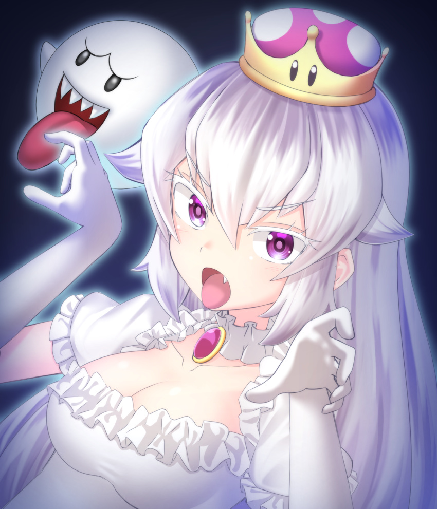 boo breasts brooch collarbone commentary_request crown dress elbow_gloves eyebrows_visible_through_hair eyes_visible_through_hair fang frilled_dress frills ghost_pose gloves hair_between_eyes highres jewelry kakutasu_(akihiron_cactus) large_breasts long_hair looking_at_viewer luigi's_mansion mario_(series) new_super_mario_bros._u_deluxe open_mouth princess_king_boo purple_eyes short_sleeves super_crown tongue tongue_out v-shaped_eyebrows white_dress white_gloves white_hair