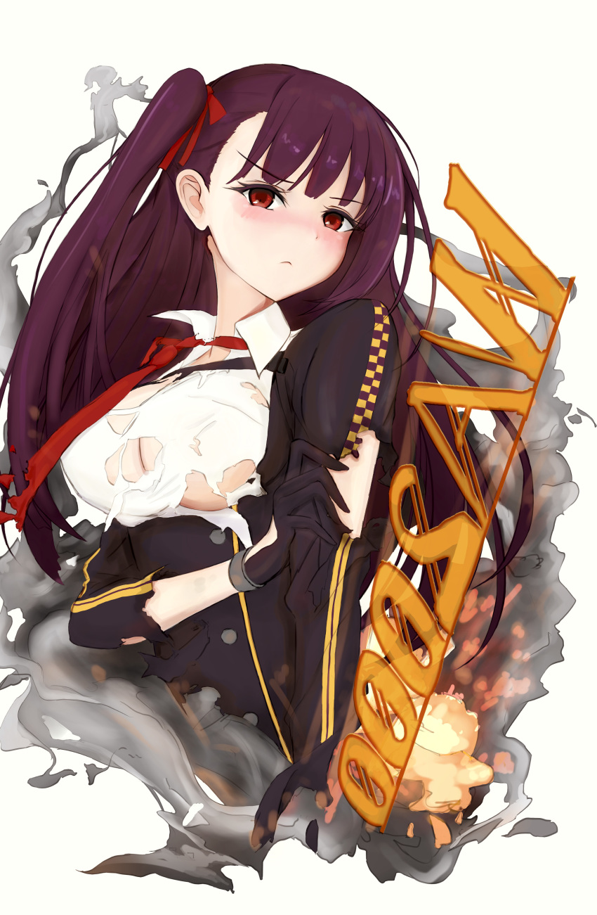 absurdres bangs blazer blush breasts character_name cleavage closed_mouth collared_shirt commentary cropped_torso damaged eyebrows_visible_through_hair framed_breasts girls_frontline gloves hair_ribbon half_updo high-waist_skirt highres holding_own_arm jacket large_breasts long_hair looking_at_viewer necktie nidoraema one_side_up purple_hair red_eyes red_neckwear ribbon shirt skirt solo torn_clothes torn_jacket torn_shirt very_long_hair wa2000_(girls_frontline)