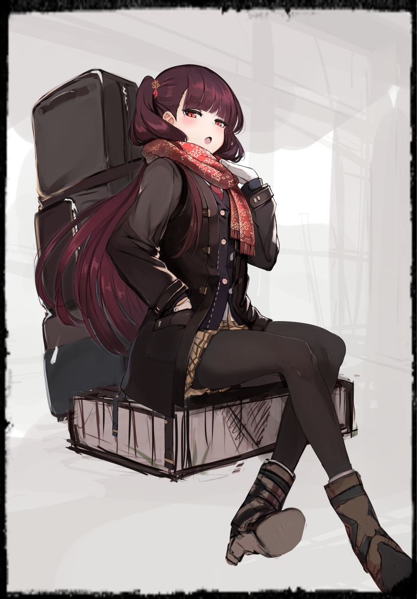 1girl :o absurdres bangs black_border black_jacket black_legwear blue_jacket blush boots border brown_footwear brown_hair brown_skirt commentary_request enpera eyebrows_visible_through_hair fringe_trim girls_frontline gloves hand_in_pocket hand_up highres homo_1121 jacket legs_crossed long_hair long_sleeves looking_at_viewer one_side_up open_clothes open_jacket open_mouth pantyhose pleated_skirt red_eyes red_scarf scarf shoe_soles sitting sketch skirt solo very_long_hair wa2000_(girls_frontline) white_gloves