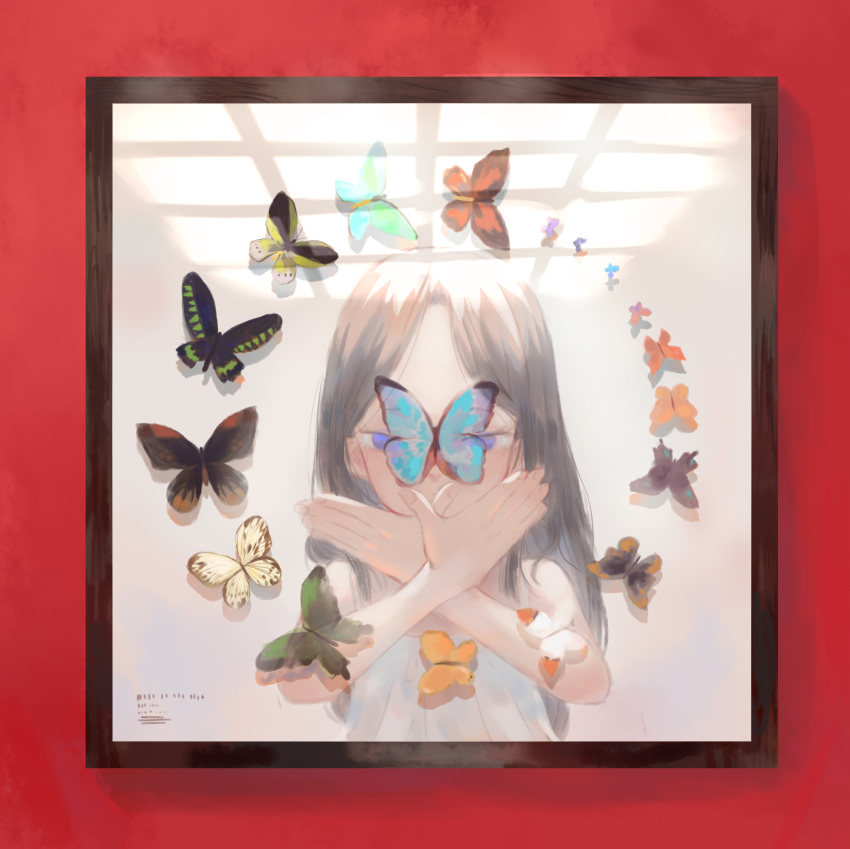 1girl absurdres black_hair black_wings blue_eyes bug butterfly butterfly_wings frame green_wings hand_gesture highres insect long_hair looking_at_viewer multicolored multicolored_wings orange_wings original purple_wings reflection shirt shrimp_cc sleeveless solo white_shirt wings