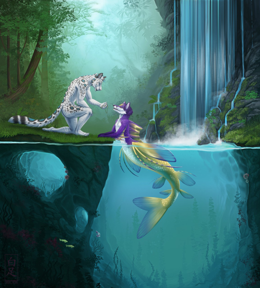 2016 anthro cave creek detailed_background duo feline forest kairotheleopard lake leopard male mammal nude outside partially_submerged shiroashi snow_leopard split_form tree unknown_species victory_(texdot) water waterfall