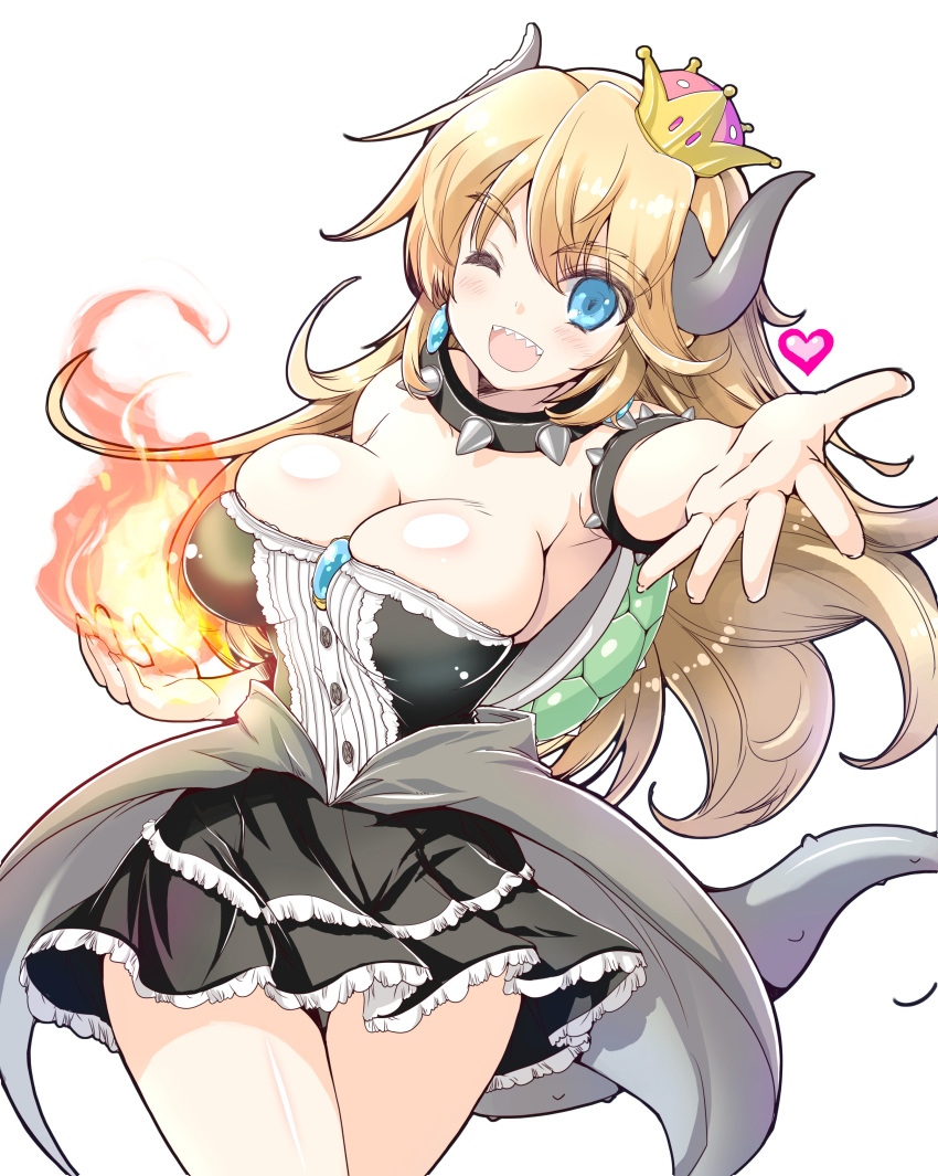 absurdres adapted_costume armlet bare_shoulders between_breasts black_collar black_dress blonde_hair blue_eyes bowsette bracelet breasts bursting_breasts center_frills cleavage collar commentary_request crown dress earrings fire forked_eyebrows frilled_dress frills hair_between_eyes highres horns jewelry large_breasts long_hair mario_(series) misakura_nankotsu new_super_mario_bros._u_deluxe ponytail sharp_teeth skindentation solo spiked_armlet spiked_bracelet spiked_collar spiked_shell spikes strapless strapless_dress super_crown teeth thick_eyebrows tilted_headwear turtle_shell white_background