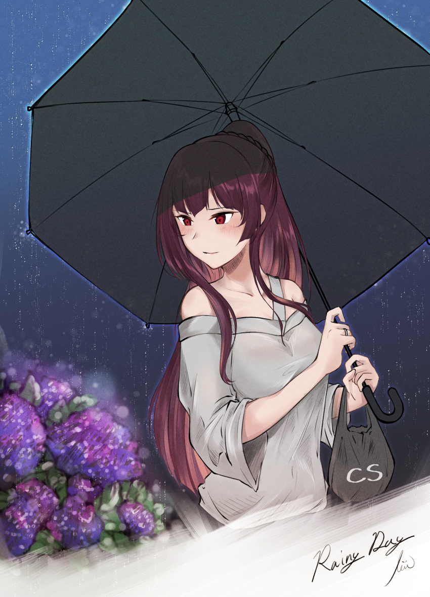 absurdres alternate_costume alternate_hairstyle bag bangs blouse blush braid breasts closed_mouth cloud cloudy_sky commentary crown_braid flower girls_frontline grey_blouse highres holding holding_bag holding_umbrella hydrangea jewelry large_breasts light_smile long_hair looking_down outdoors ponytail purple_hair rain red_eyes ring shopping_bag sidelocks signature single_strap sky solo stigmamyu umbrella upper_body very_long_hair wa2000_(girls_frontline) wedding_ring wide_sleeves
