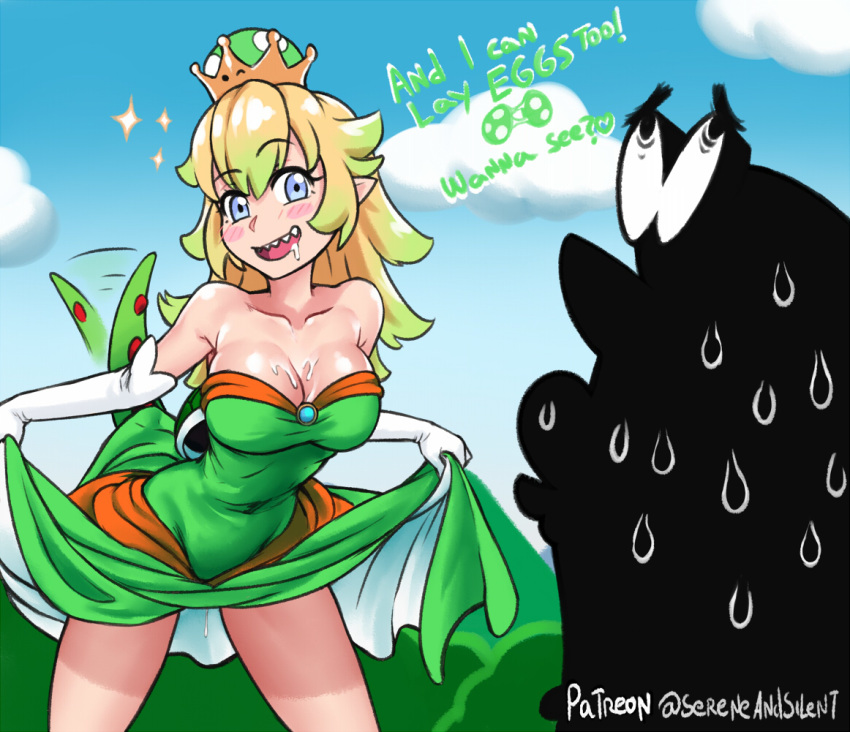 1girl bare_shoulders blonde_hair blue_eyes blush_stickers breasts cappy_(mario) cleavage cloud collarbone crown day dress dress_lift drooling elbow_gloves english gloves gradient_hair green_dress large_breasts mario mario_(series) multicolored_hair new_super_mario_bros._u_deluxe pointy_ears pussy_juice saliva sereneandsilent sharp_teeth silhouette smile sparkle super_crown super_mario_bros. super_mario_odyssey sweat sweating_profusely tail tail_wagging teeth yoshi