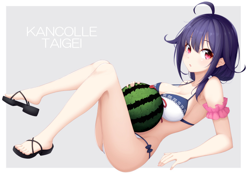 :o absurdres ahoge arm_scrunchie bangs bikini blush breasts character_name cleavage commentary eyebrows_visible_through_hair food fruit grey_background hair_flaps hair_ornament halter_top halterneck highres kantai_collection large_breasts long_hair looking_at_viewer low_twintails ochiai_miyabi open_mouth outside_border purple_hair reclining red_eyes sandals sidelocks simple_background solo swimsuit taigei_(kantai_collection) thighs twintails watermelon