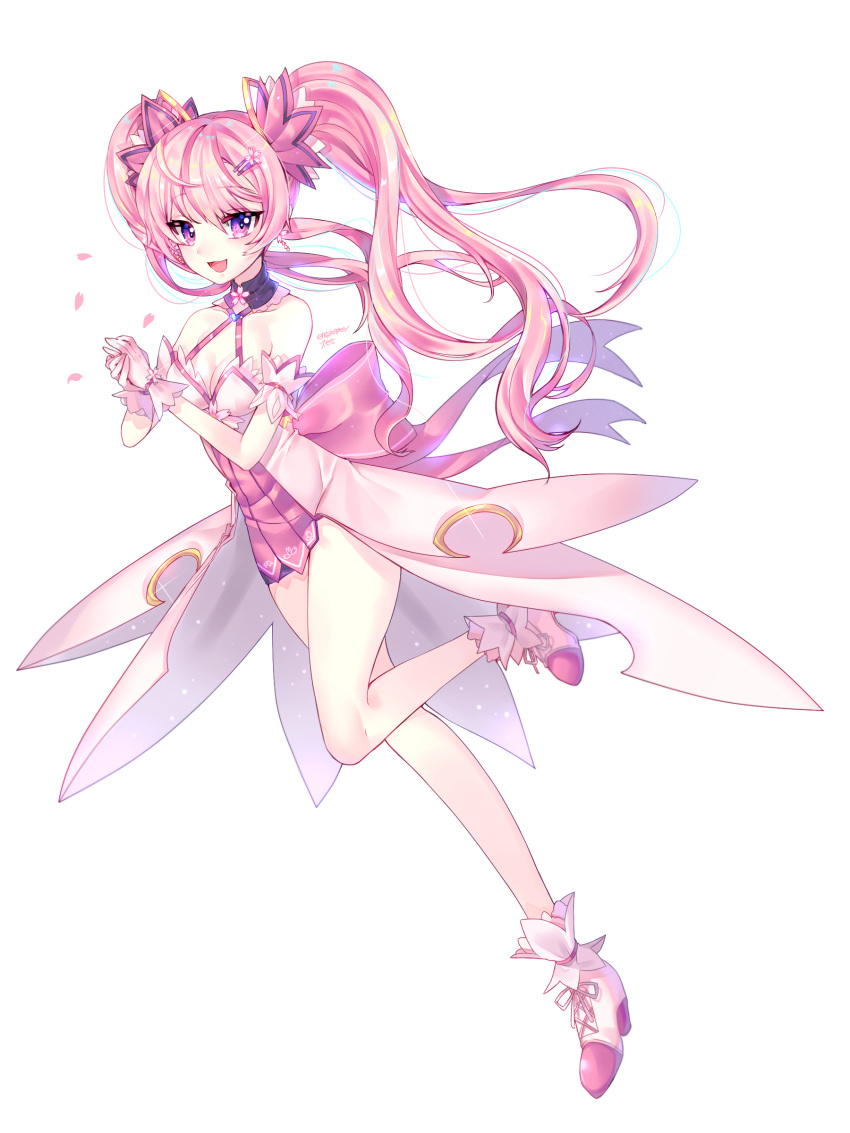 :3 absurdres aisha_(elsword) breasts cherry_blossoms dimension_witch_(elsword) elsword eyebrows_visible_through_hair gloves hand_on_hand highres long_hair magical_girl medium_breasts pink_hair purple_eyes ribbon smile thighs twintails xes_(xes_5377)
