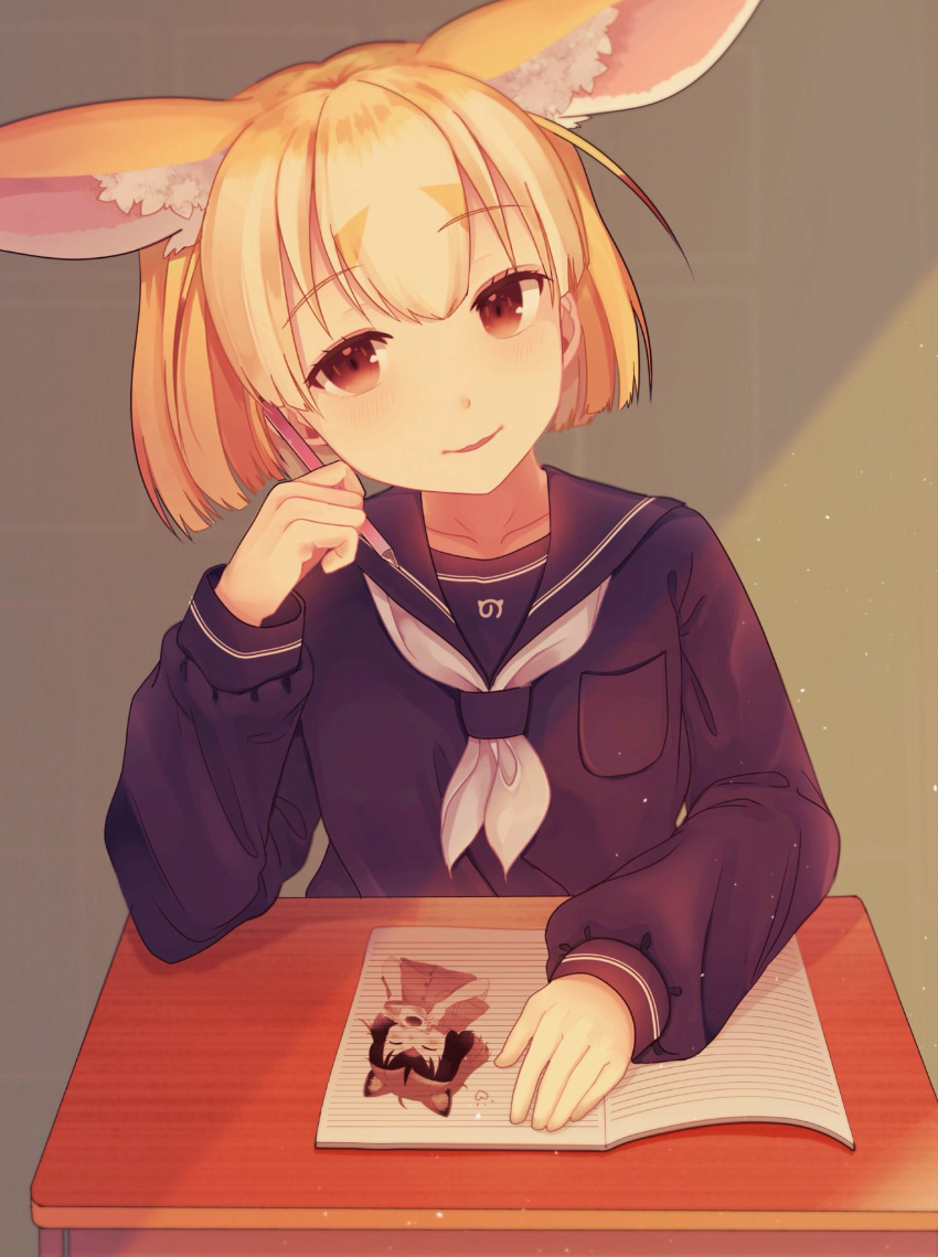 alternate_costume ancolatte_(onikuanco) animal_ears blonde_hair blush commentary common_raccoon_(kemono_friends) desk drawing eyebrows_visible_through_hair fennec_(kemono_friends) fox_ears grey_hair highres japari_symbol kemono_friends long_sleeves multicolored_hair neckerchief notebook pencil raccoon_ears sailor_collar school_uniform serafuku short_hair sitting solo