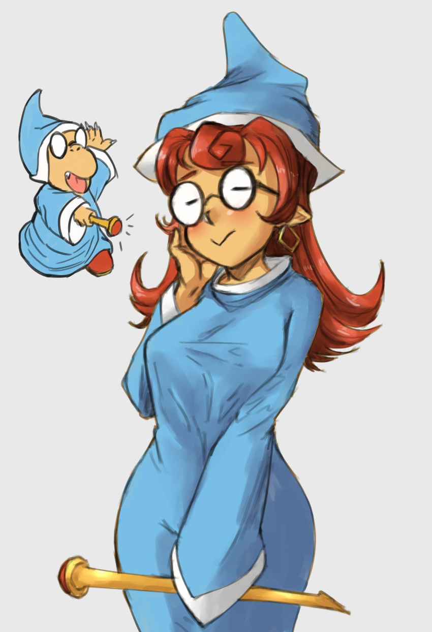 :&gt; :o blue_hat blush commentary earrings glasses grey_background hand_up hat highres holding holding_wand jewelry kamek long_hair magikoopa mario_(series) multiple_views new_super_mario_bros._u_deluxe okappakira personification pointy_ears red_hair robe simple_background standing super_mario_bros. wand