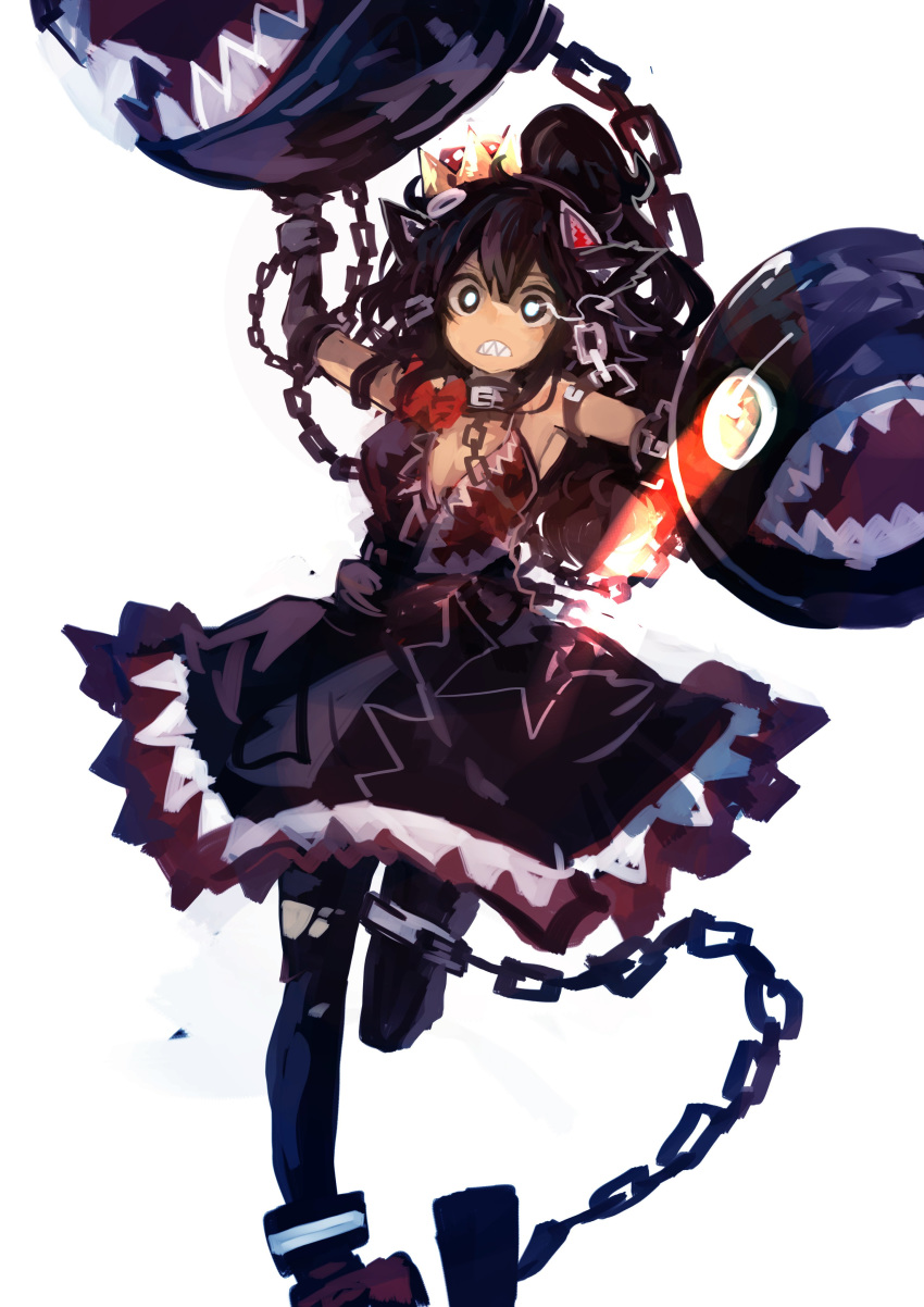 absurdres animal_ears bangs black_collar black_eyes black_hair black_legwear breasts chain chain_chomp cleavage collar crown dog_ears glowing glowing_eye high_ponytail highres kaamin_(mariarose753) large_breasts leg_up long_hair mario_(series) new_super_mario_bros._u_deluxe pantyhose princess_chain_chomp restrained sharp_teeth simple_background solo standing standing_on_one_leg super_crown super_mario_bros. teeth white_background