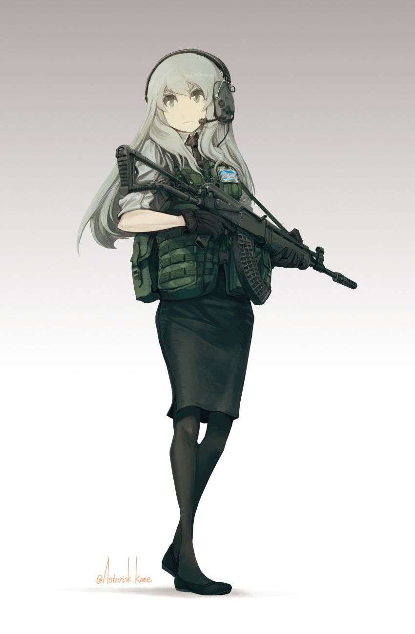absurdres assault_rifle asterisk_kome commentary full_body gloves green_eyes gun headset highres holding holding_gun holding_weapon id_card load_bearing_vest long_hair necktie original pantyhose pencil_skirt rifle rk95 silver_hair skirt solo weapon white_background
