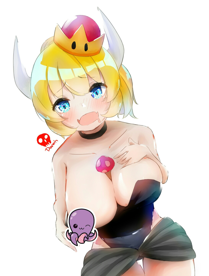 1girl bare_shoulders between_breasts blonde_hair blue_eyes blush bowsette breasts censored collar crown darah drooling dutch_angle eyebrows_visible_through_hair fangs horns large_breasts looking_at_viewer mario_(series) mushroom nintendo nipple_censor no_bra one_breast_out open_mouth ponytail short_hair simple_background solo standing strapless super_crown white_background