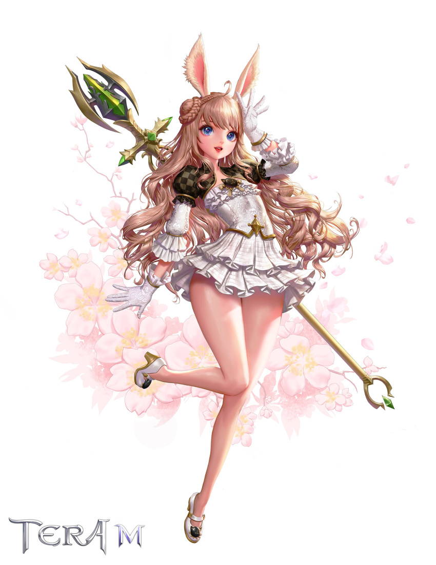 absurdres ahoge animal_ears arm_up blonde_hair blue_eyes braid bunny_ears copyright_name dospi dress elin_(tera) flower full_body gloves hair_bun highres leg_up legs lips long_hair official_art open_mouth shoes short_dress simple_background smile solo staff tera_online thighs weapon white_dress white_gloves