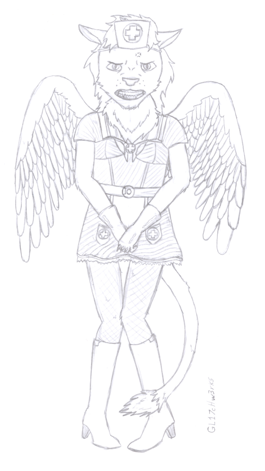 annoyed anthro boots clothed clothing footwear fur gl17chw3rk5_(artist) gloves hair hybrid legwear looking_at_viewer male nurse nurse_uniform signature simple_background sphinx standing terek_(degeneratevamp) traditional_media_(artwork) uniform wings