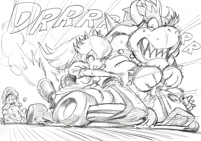 2boys bowser bracelet commentary_request crown dress driving elbow_gloves flat_cap gloves go_kart graphite_(medium) greyscale hair_between_eyes hat highres horns jewelry long_hair mario mario_(series) mario_kart monochrome multiple_boys murata_yuusuke onomatopoeia open_mouth pinky_out ponytail princess_peach puffy_short_sleeves puffy_sleeves sharp_teeth short_sleeves simple_background sketch smile speed_lines spiked_armlet spiked_bracelet spiked_shell spikes super_mario_bros. sweat teeth traditional_media v-shaped_eyebrows white_background