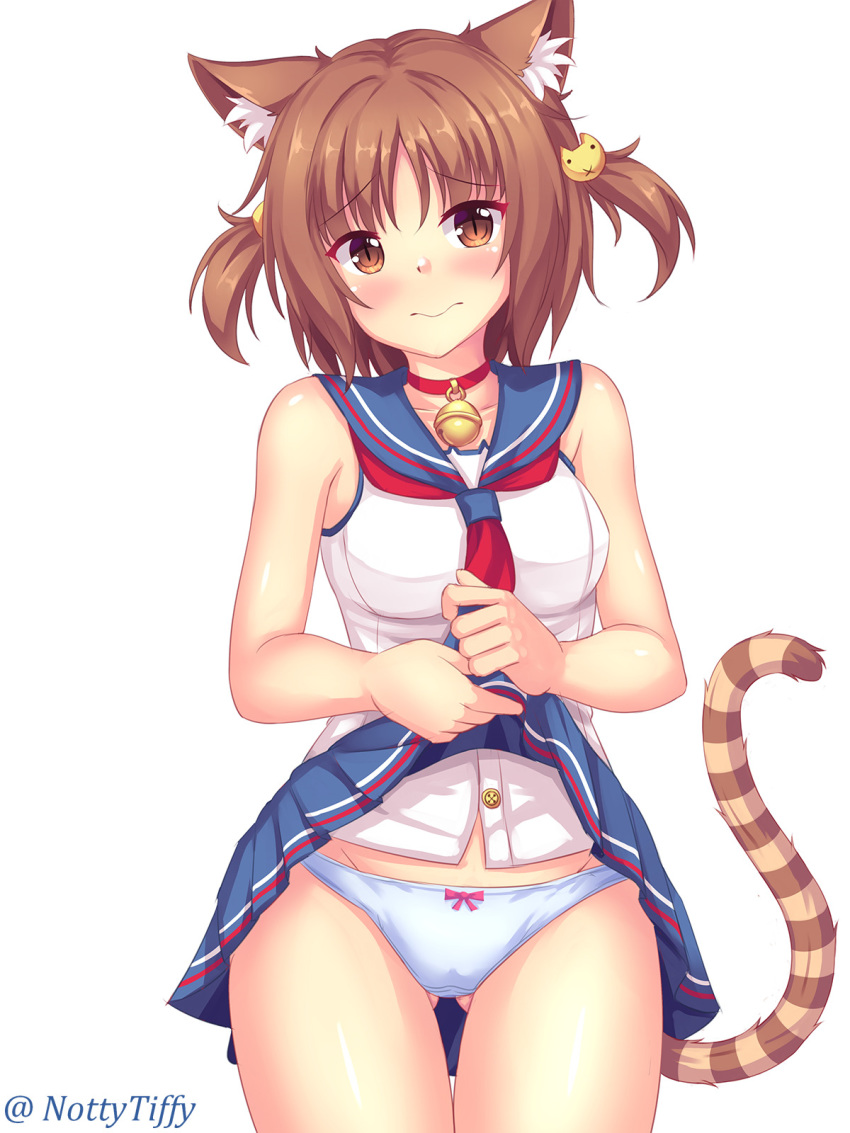 animal_ears ass_visible_through_thighs azuki_(sayori) bell bell_choker blush bow bow_panties breasts brown_eyes brown_hair cat_ears cat_tail choker closed_mouth commentary english_commentary eyebrows_visible_through_hair fast-runner-2024 hair_ornament highres lifted_by_self looking_at_viewer medium_breasts nekopara panties pleated_skirt sailor_collar school_uniform serafuku shirt short_hair skirt skirt_lift sleeveless slit_pupils standing tail twitter_username two_side_up underwear white_background white_panties white_shirt