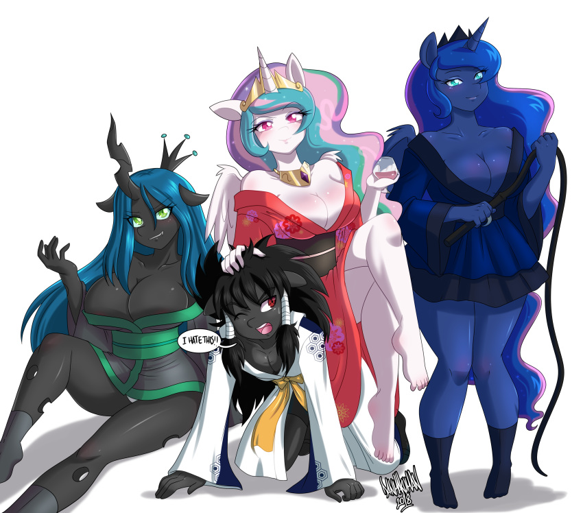 anthro breasts changeling cleavage clothed clothing crossed_legs danmakuman dialogue equine fan_character feet female friendship_is_magic group horn japanese_clothing kimono male mammal my_little_pony panties princess_celestia_(mlp) princess_luna_(mlp) queen_chrysalis_(mlp) underwear whip winged_unicorn wings