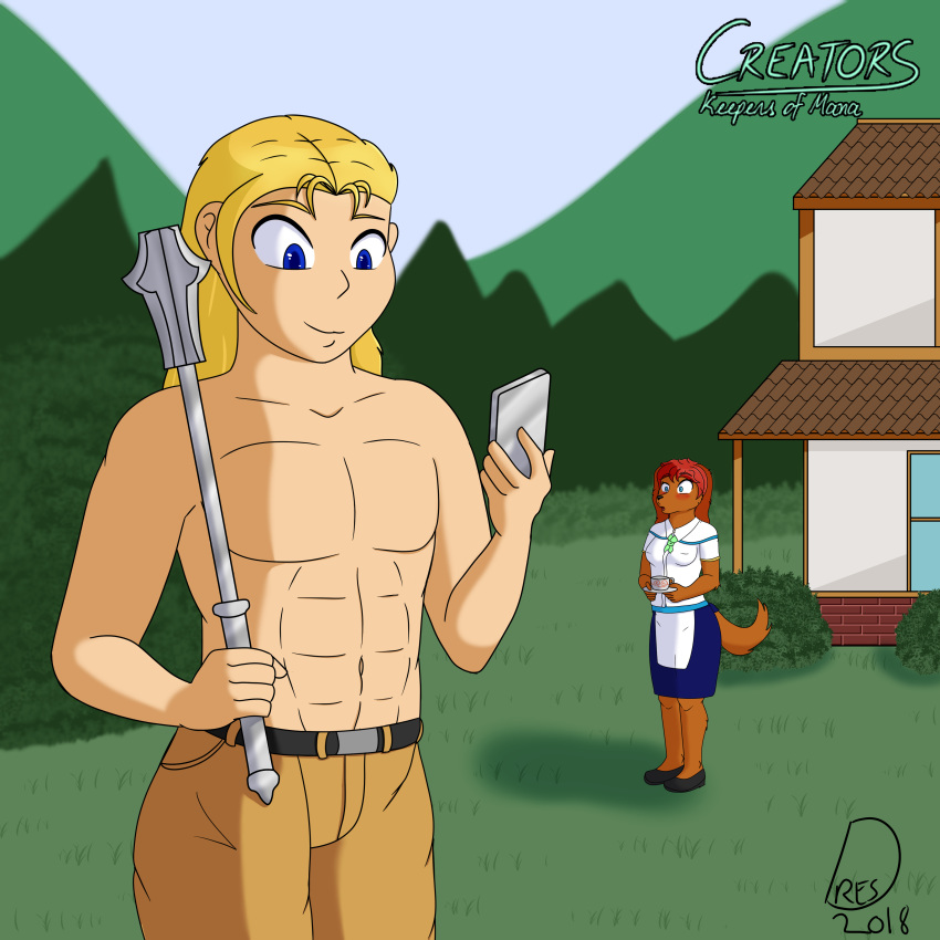 abs anthro blonde_hair blue_eyes blush breasts canine cellphone ckom clothed clothing comic dog dressari duo female fully_clothed hair human human_focus irish_setter kaitlyn(ckom) mahkah male mammal muscular muscular_male outside phone pinup pose red_hair smile surprise topless weapon webcomic