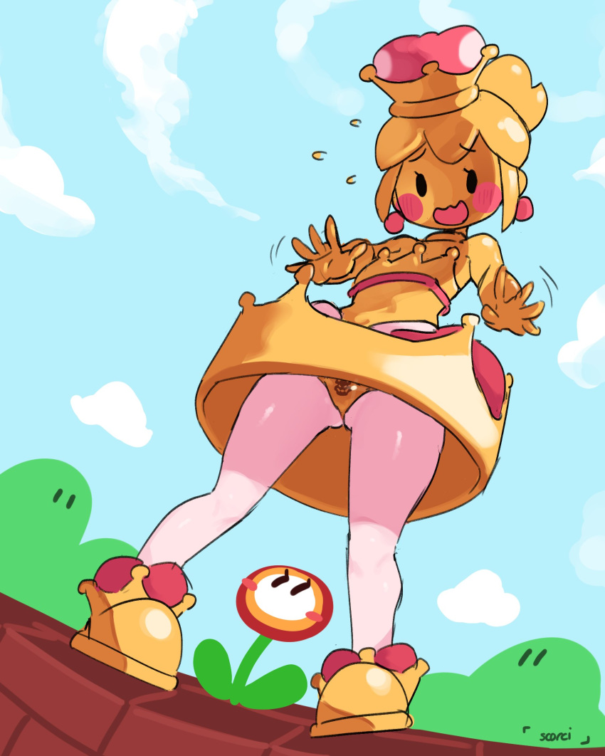 blue_sky brown_panties crown crownette day dress embarrassed fire_flower from_below highres looking_down mario_(series) metal_skin new_super_mario_bros._u_deluxe panties pantyhose pantyshot pantyshot_(standing) personification scorsheep sky solo standing super_crown underwear