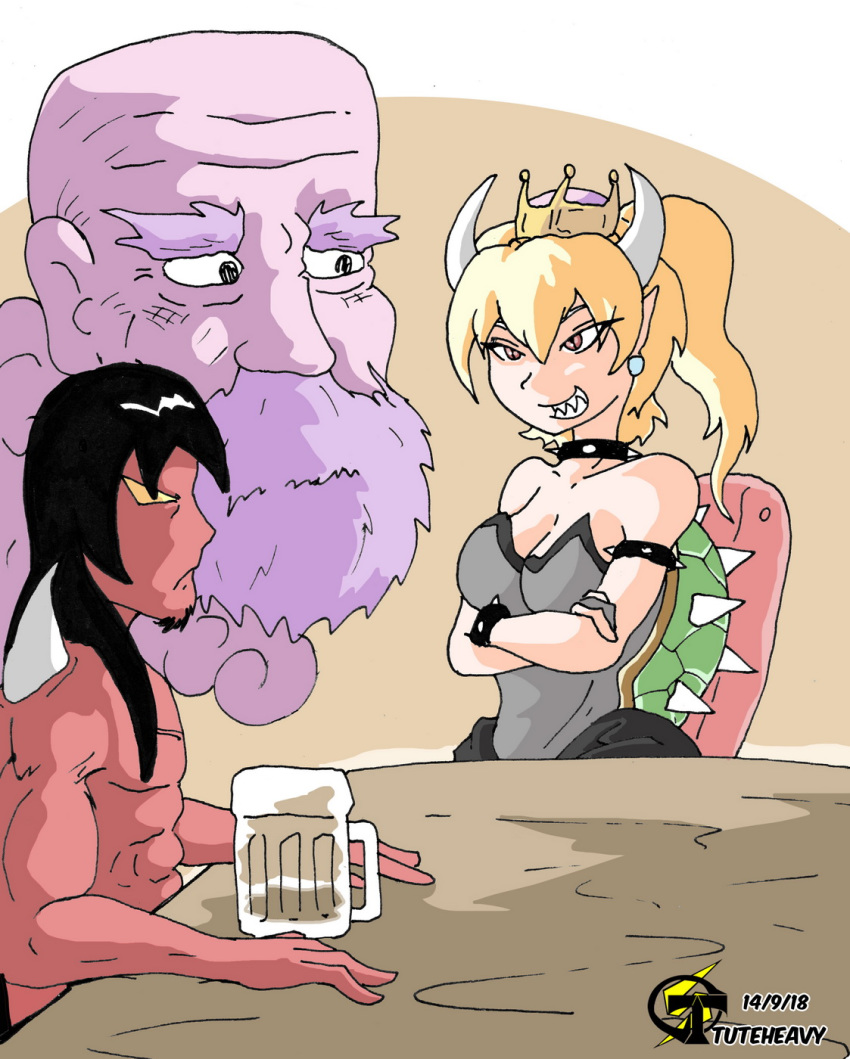 1girl 2boys :/ alcohol beer black_dress black_hair blonde_hair bowsette bracelet breasts brooch cleavage collar collarbone crown dress earrings facial_hair jewelry kleiter long_hair mario_(series) multiple_boys muscle new_super_mario_bros._u_deluxe nintendo red_eyes smile sparkle spiked_bracelet spiked_collar spikes super_crown super_mario_bros. touhou turtle_shell tuteheavy unzan waist yellow_eyes