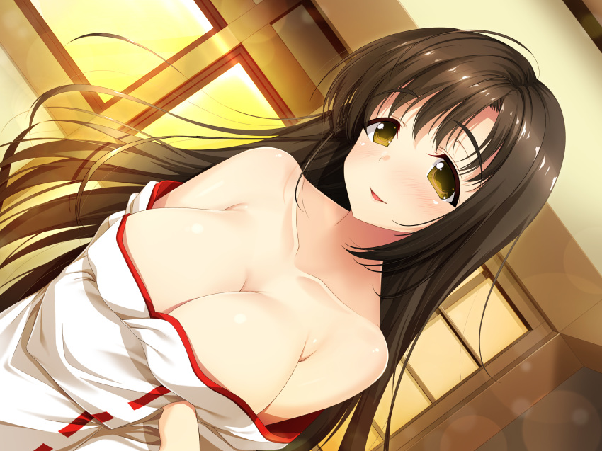 1girl :d absurdres bangs black_hair blush breast_hold breasts brown_eyes cleavage collarbone commentary_request detached_sleeves enty_reward eyebrows_visible_through_hair green_eyes hair_between_eyes highres indoors japanese_clothes large_breasts lens_flare long_hair long_sleeves miko no_bra off_shoulder open_mouth original paid_reward ribbon-trimmed_sleeves ribbon_trim sidelocks smile solo upper_body very_long_hair wide_sleeves yu-ta