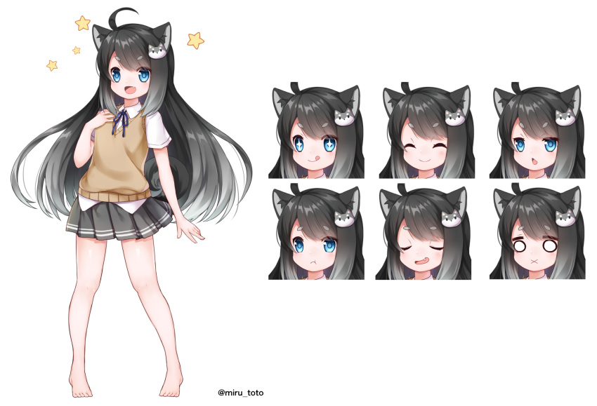 2018 :x ahoge animal_humanoid barefoot black_hair blue_eyes clothed clothing dog_humanoid expression_sheet female grey_hair hair hair_ornament hakuari humanoid licking licking_lips long_hair multicolored_hair shirt simple_background skirt solo star tongue tongue_out vest white_background young