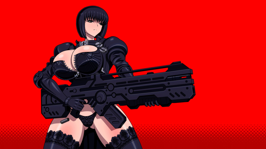 1girl akiranime animated animated_gif ankh bangs black_eyes black_hair black_legwear black_panties blunt_bangs bob_cut bouncing_breasts breasts casing_ejection cleavage cleavage_cutout female firing gloves gun highres holding huge_breasts lace lace-trimmed_panties lace-trimmed_thighhighs lace_panties lingerie machine_gun muzzle_flash narrow_waist panties shell_casing shooting short_hair solo thigh_gap thighhighs underwear unzipped upper_body weapon