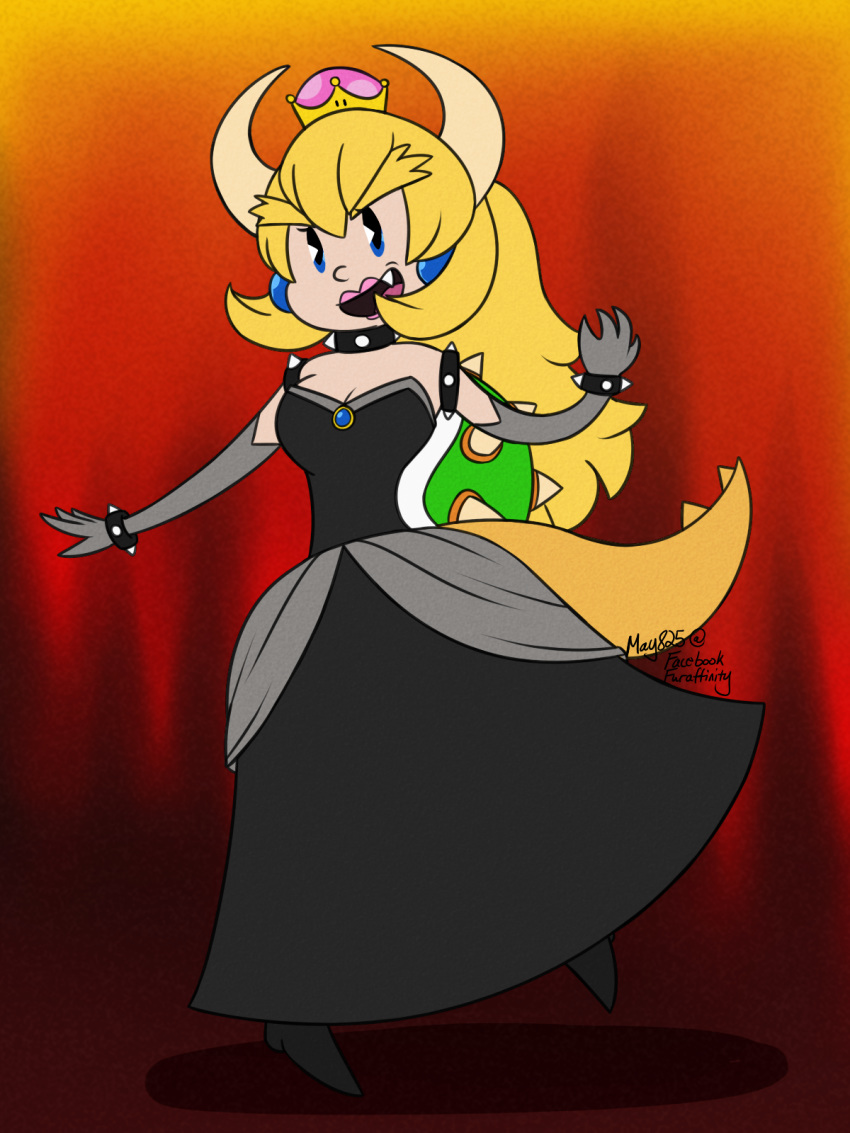 2018 alternate_species animal_humanoid black_clothing black_dress blonde_hair bowser bowsette_meme crossgender female hair horn humanoid humanoidized mario_bros may825 nintendo reptile scalie shell spikes super_crown teeth toony video_games