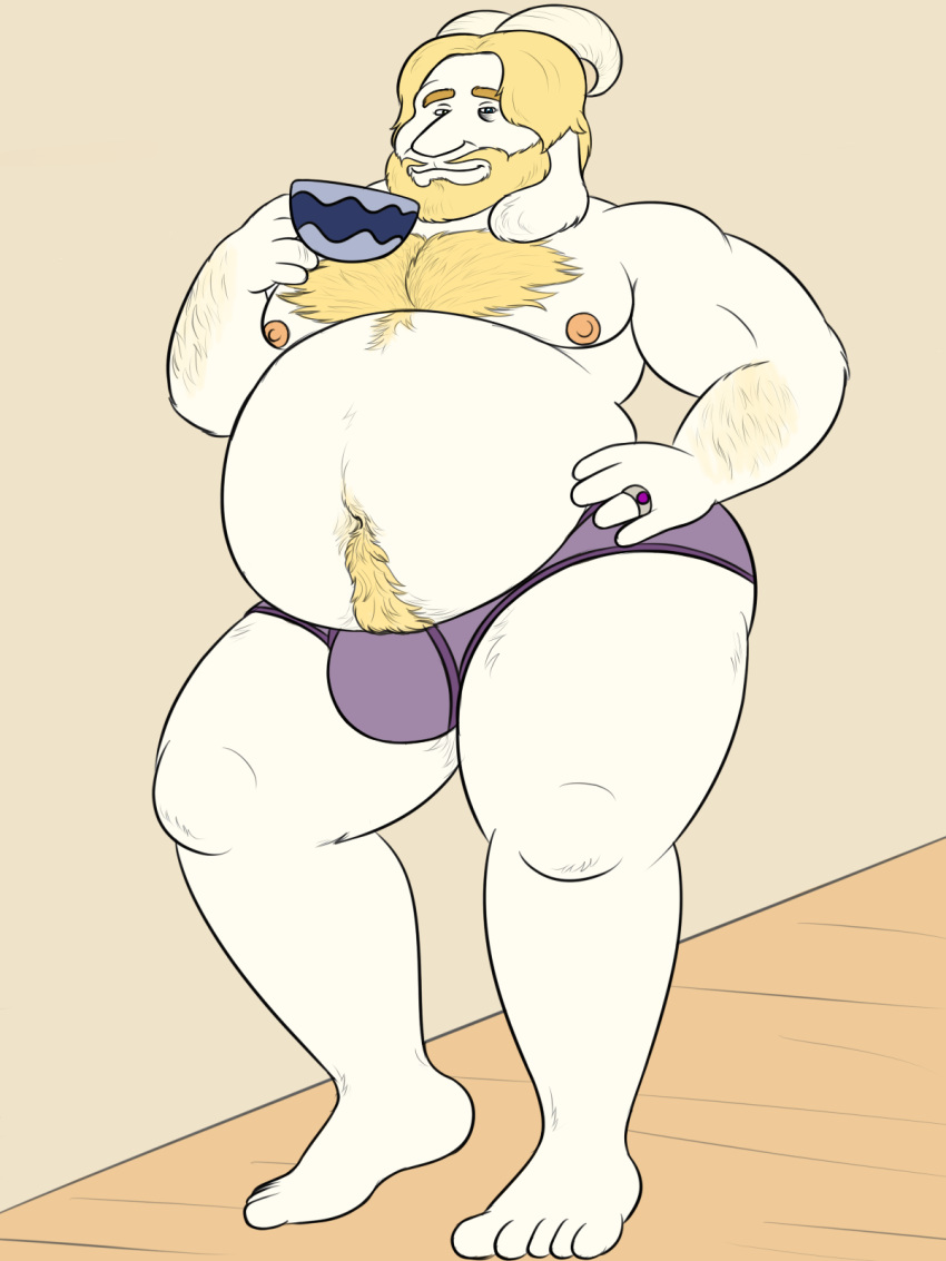 anthro arm_hair asgore_dreemurr barazoku beard beer_belly beverage blonde_hair body_hair boss_monster bovid briefs bulge caprine chest_hair clothing cup facial_hair goat hair happy_trail male mammal mature_male muscular muscular_male nipples overweight overweight_male oystercatcher7 pubes ring seductive solo tea thick_thighs undertale underwear video_games