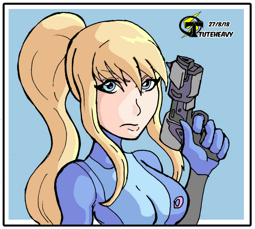 1girl arm blonde_hair breasts female gun hand_up holding holding_gun holding_weapon long_hair metroid nintendo samus_aran solo tuteheavy weapon zero_suit