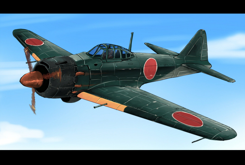 a6m_zero aircraft airplane blue_sky cloud commentary_request flying from_side highres letterboxed military military_vehicle mori_souchou original outdoors pilot propeller sky