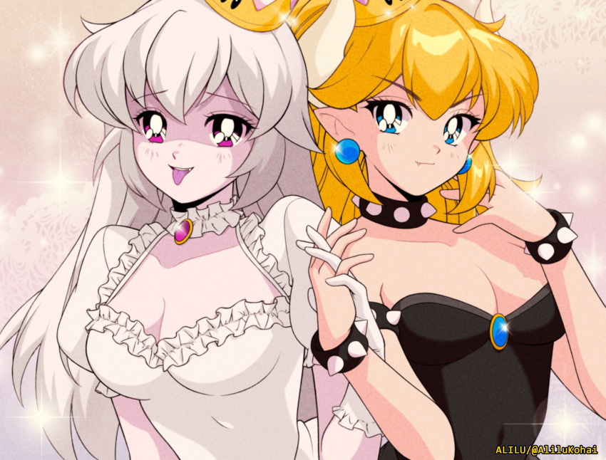 90s absurdres alilu-chan anime_coloring black_dress blue_earrings blue_eyes bowsette bracelet breasts choker cleavage collar commentary dress english_commentary fang_out gloves gradient gradient_background hair_between_eyes hand_in_hair highres horns interlocked_fingers jewelry large_breasts long_hair long_ponytail looking_at_viewer luigi's_mansion mario_(series) medium_breasts multiple_girls new_super_mario_bros._u_deluxe pale_skin parody patterned_background pink_skin pointy_ears princess_king_boo purple_eyes purple_tongue smile sparkle spiked_bracelet spiked_collar spikes strapless strapless_dress style_parody super_crown tongue tongue_out upper_body white_choker white_dress white_gloves wide_ponytail