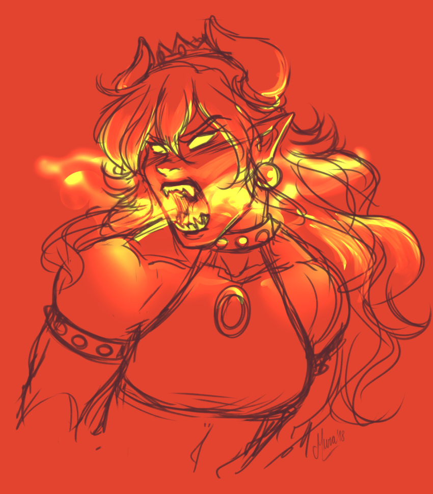 angry bowsette bracelet breasts brooch collar crop_top crown dated earrings glowing glowing_eyes glowing_mouth highres horns jewelry long_hair looking_to_the_side mario_(series) monochrome murasaki-yuri muscle muscular_female new_super_mario_bros._u_deluxe pointy_ears rage_face red roaring sharp_teeth shirt signature sketch sleeveless sleeveless_shirt small_breasts solo spiked_bracelet spiked_collar spikes teeth upper_body