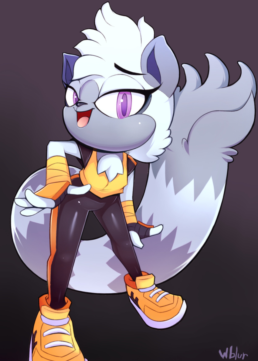 absurd_res anthro black_background clothing female fingerless_gloves footwear fur gloves half-closed_eyes happy hi_res lemur looking_at_viewer mammal open_mouth pants primate purple_eyes shirt shoes signature simple_background smile solo sonic_(series) tangle_the_lemur tongue white_fur wildblur