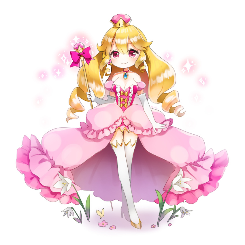 blonde_hair breasts cleavage commentary crown crownette dress flower full_body highres jewelry long_hair looking_at_viewer marchen_noir mario_(series) necklace new_super_mario_bros._u_deluxe personification pink_eyes simple_background solo staff super_crown thighhighs white_background