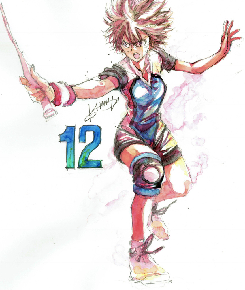 aragaki_nagisa badminton_racket bodysuit brown_eyes brown_hair commentary_request full_body hamada_kousuke hanebado! highres knee_brace open_mouth racket shoes short_hair sneakers solo wristband