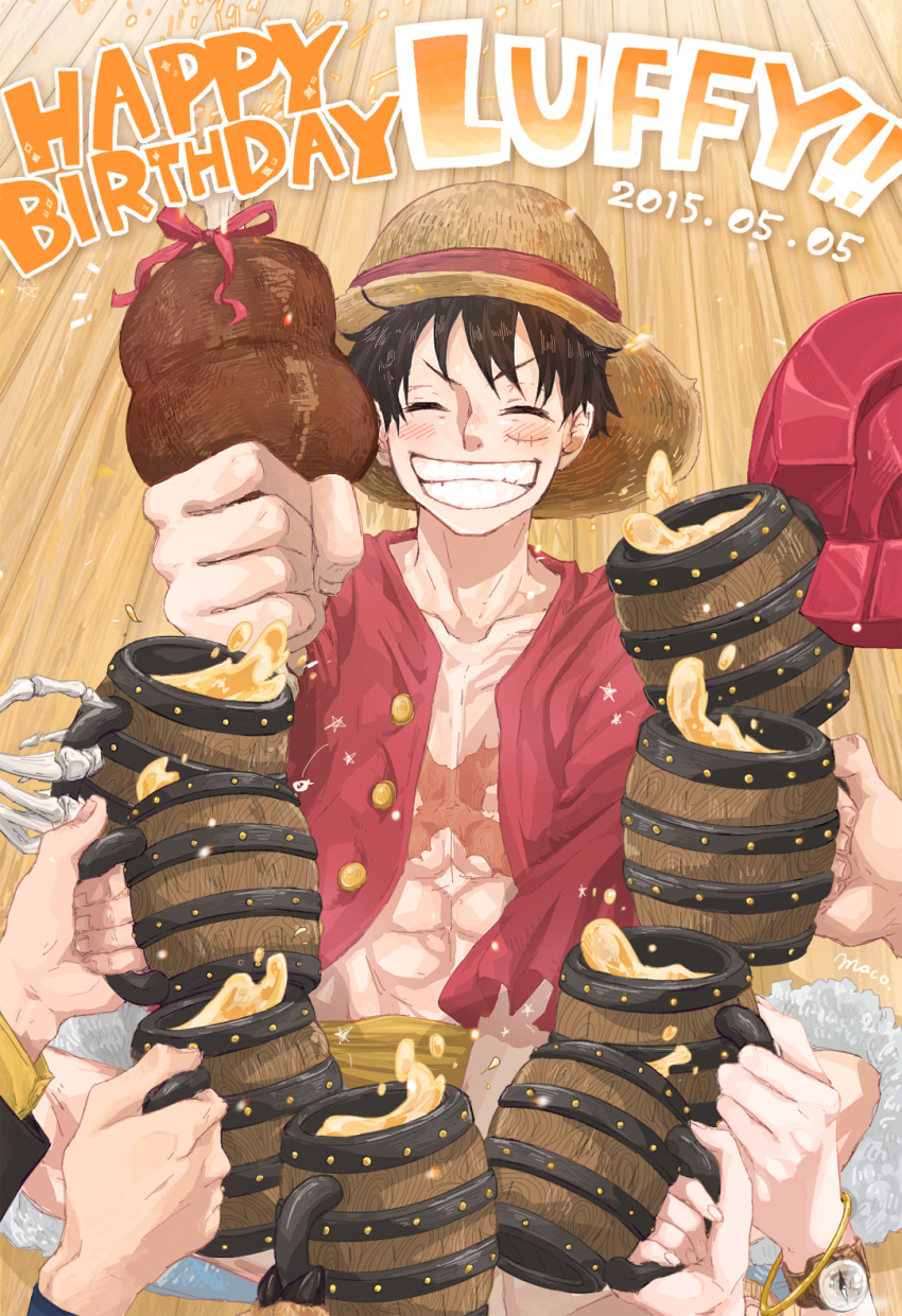 abs arm_up artist_name bangle beer_mug black_hair boned_meat bracelet character_name closed_eyes collarbone commentary_request compass cup dated english facial_scar food grin happy_birthday hat highres holding holding_cup hooves indian_style jewelry meat monkey_d_luffy mug one_piece open_clothes red_ribbon red_shirt ribbon scar scar_on_cheek shirt sitting skeletal_hand smile straw_hat taromako wooden_floor