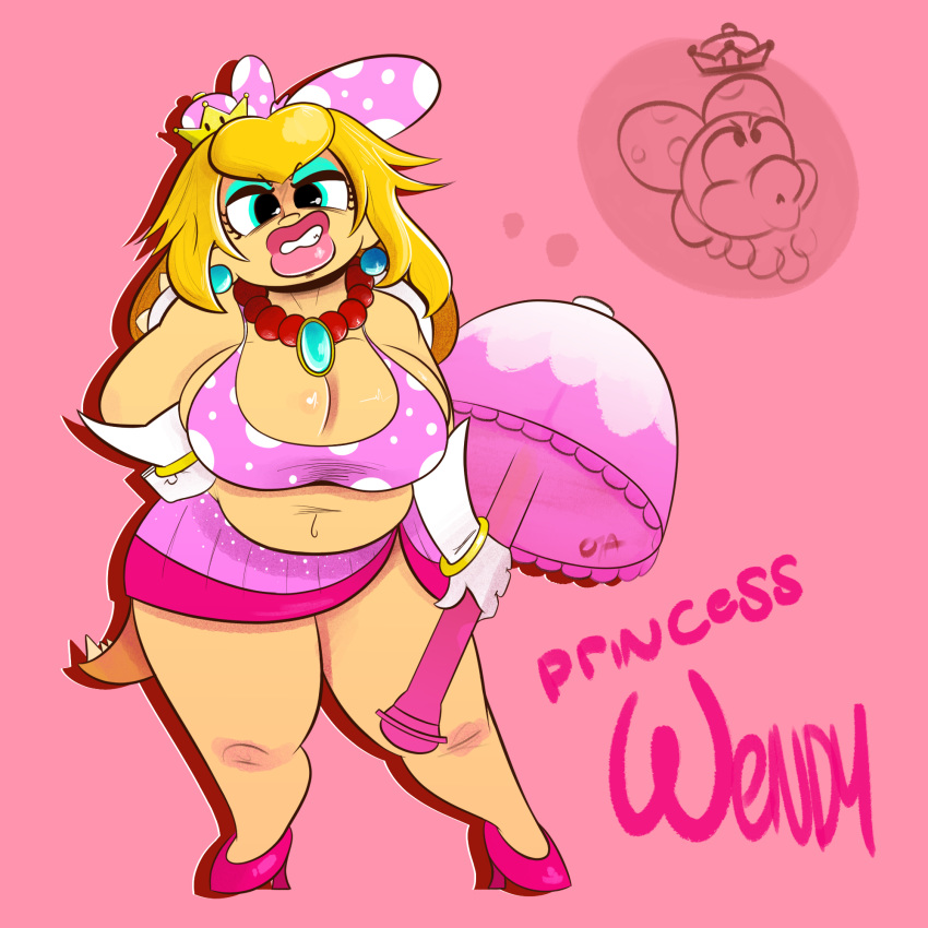 big_breasts big_lips blonde_hair bow breasts butt female hair koopaling lips mario_bros nintendo ota_(artist) peach_(disambiguation) short_stack slightly_chubby super_crown video_games wendy_o_koopa