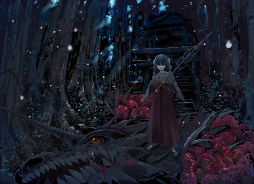 bangs black_hair blood blood_on_face bloody_clothes bloody_weapon blunt_bangs commentary_request dragon forest full_body hakama holding holding_spear holding_weapon japanese_clothes long_hair long_sleeves matsumoto_noriyuki miko nature night original outdoors polearm purple_eyes red_hakama sandals spear standing tabi temple vambraces weapon wide_sleeves yellow_eyes