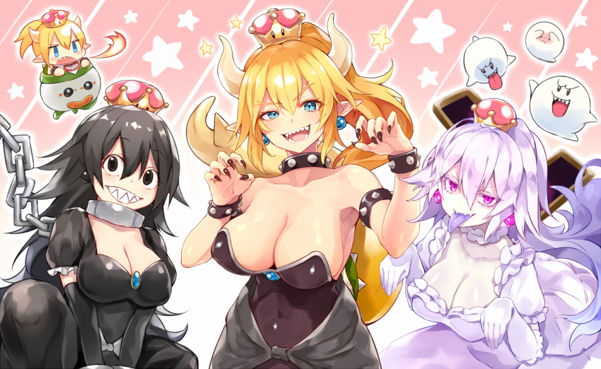 :d armpit_crease armpits bangs bare_shoulders black_collar black_dress black_eyes black_gloves black_hair black_nails blonde_hair blue_eyes boo borrowed_design bowsette bowsette_jr. bracelet breasts chain chibi claw_pose cleavage collar colored_eyelashes commentary_request crown dress earrings elbow_gloves eyebrows_visible_through_hair fingernails fire forked_eyebrows frilled_dress frilled_gloves frills ghost ghost_pose gloves glowing glowing_eyes grin hair_between_eyes hands_up highres horns jewelry large_breasts lavender_hair long_hair looking_at_viewer luigi's_mansion mario_(series) metal_collar mini_crown multiple_girls nail_polish new_super_mario_bros._u_deluxe open_mouth pointy_ears princess_chain_chomp princess_king_boo puffy_short_sleeves puffy_sleeves purple_eyes purple_tongue sharp_teeth short_sleeves silver_hair silver_trim slit_pupils smile spiked_armlet spiked_bracelet spiked_collar spiked_shell spiked_tail spikes star strapless strapless_dress sukemyon super_crown tail tail_raised teeth tongue tongue_out turtle_shell very_long_hair white_dress white_gloves