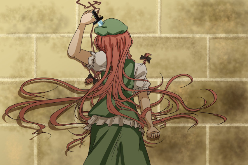 against_wall blood braid brick_wall clenched_hand commentary_request from_behind gundam gundam_tekketsu_no_orphans hat hong_meiling knife knife_in_head long_hair orange_hair short_sleeves shounen_(hogehoge) skirt skirt_set solo touhou translation_request twin_braids very_long_hair vest writing_on_wall