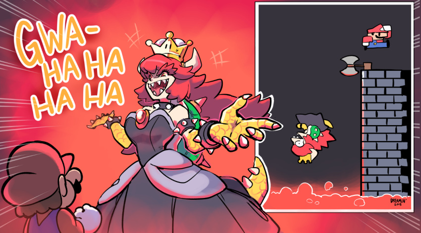 1girl artist_name axe black_dress bowsette chibi collar dreaminerryday dress elbow_gloves eyebrows falling gameplay_mechanics gem gloves horns laughing mario mario_(series) molten_rock new_super_mario_bros._u_deluxe red_hair spiked_collar spiked_shell spiked_tail spikes super_crown super_mario_bros. surprised tail thick_eyebrows