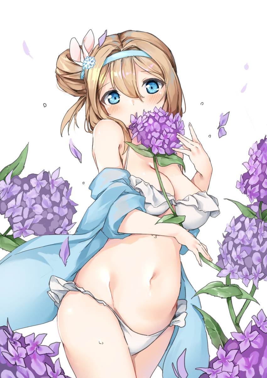 absurdres alternate_costume alternate_hairstyle bangs bikini blue_eyes blush breasts brown_hair cleavage commentary covered_mouth eyebrows_visible_through_hair flower frilled_bikini frills girls_frontline groin hair_between_eyes hair_ornament hairband hansal highres holding holding_flower hydrangea jacket long_hair looking_at_viewer medium_breasts navel off_shoulder side_bun sidelocks snowflake_hair_ornament solo stomach suomi_kp31_(girls_frontline) swimsuit thighs white_bikini
