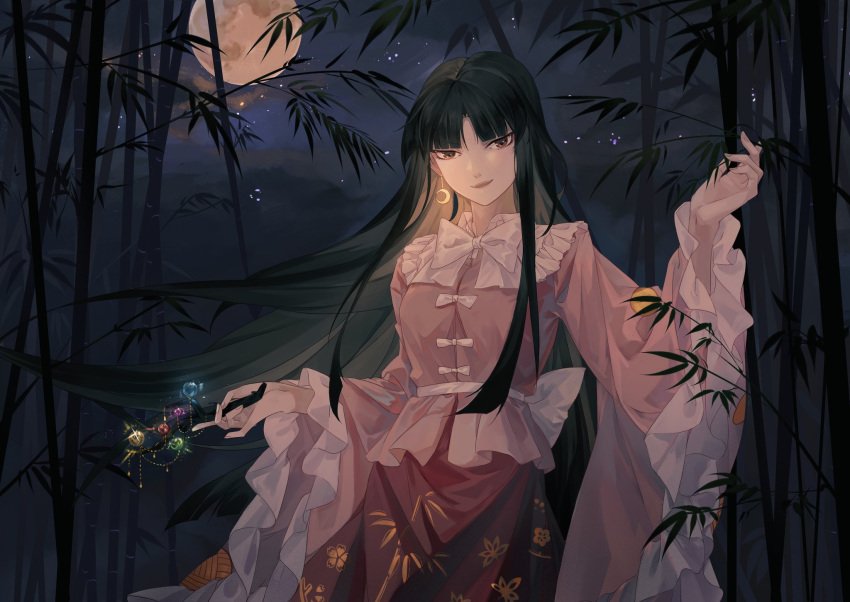 &gt;:) bamboo bamboo_forest bamboo_print bangs black_hair blunt_bangs bow bowtie breasts broom brown_eyes commentary cowboy_shot crescent crescent_earrings earrings eyebrows_visible_through_hair floral_print forest frilled_shirt_collar frilled_sleeves frills full_moon hand_up highres holding houraisan_chouko houraisan_kaguya jewelry long_hair long_sleeves looking_at_viewer medium_breasts moon nature night night_sky open_mouth outdoors pink_shirt red_skirt sash shirt sidelocks skirt sky smile solo standing star_(sky) starry_sky touhou v-shaped_eyebrows very_long_hair white_bow white_neckwear white_sash wide_sleeves wing_collar