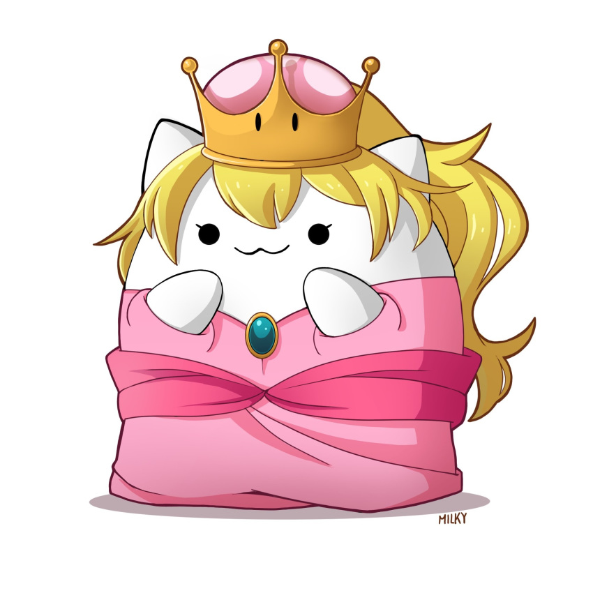 :3 anthro bongo_cat cat clothed clothing cosplay crossover crown cute dress eyelashes feline female hair headgear hi_res long_hair mammal mario_bros meme milkychan new_super_mario_bros._u_deluxe nintendo princess princess_peach royalty simple_background smile solo standing super_crown video_games white_background