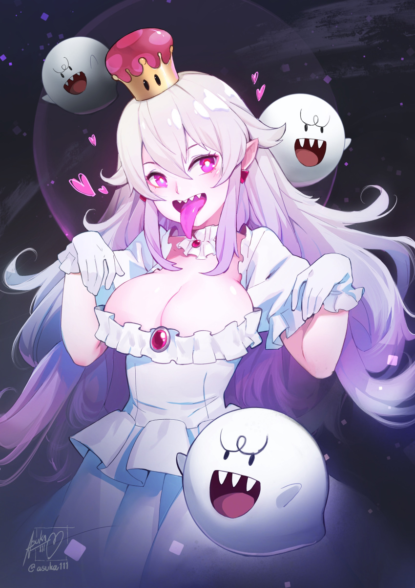 absurdres bangs blush boo breasts brooch cleavage crown detached_collar dress earrings eyebrows_visible_through_hair frilled_dress frilled_gloves frilled_sleeves frills ghost gloves hair_between_eyes hands_up heart highres jewelry large_breasts long_hair long_tongue looking_at_viewer luigi's_mansion mario_(series) new_super_mario_bros._u_deluxe open_mouth patipat_asavasena pointy_ears princess_king_boo puffy_short_sleeves puffy_sleeves purple_eyes sharp_teeth short_sleeves signature silver_hair smile super_crown teeth tongue tongue_out twitter_username white_dress white_gloves