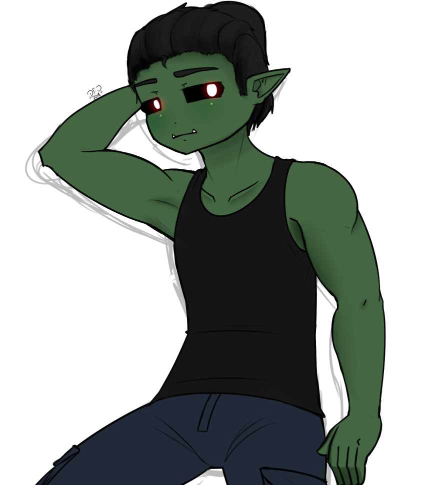 2018 black_hair black_sclera cargo_pants clothed clothing datfurrydude digital_media_(artwork) glowing glowing_eyes green_skin hair humanoid male not_furry orc pants pointy_ear red_eyes sharp_teeth shirt simple_background sitting sketch solo tank_top teeth white_background